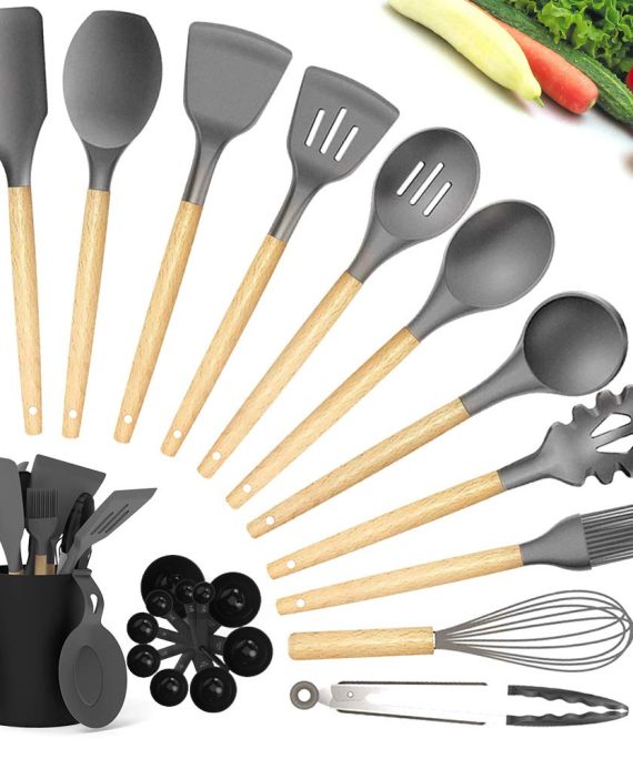 Kitchen Utensil Sets, CIYOYO 23Pcs Silicone Cooking Utensils Set with Holder for Nonstick Cookware, Wooden Handle Spatula Turner Spoons, Heat Resistant Kitchen Gadgets Tools