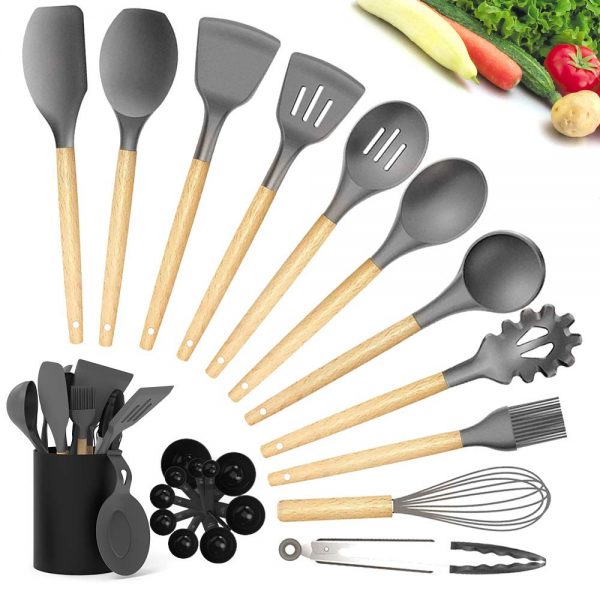 Kitchen Utensil Sets, CIYOYO 23Pcs Silicone Cooking Utensils Set with Holder for Nonstick Cookware, Wooden Handle Spatula Turner Spoons, Heat Resistant Kitchen Gadgets Tools