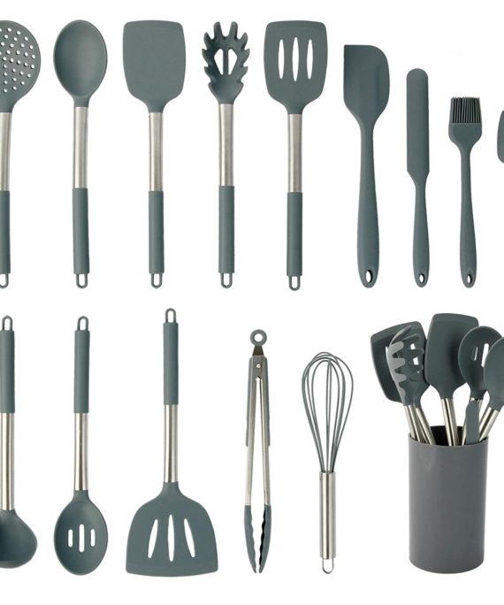 Silicone Cooking Utensil Set, coltd 15 Piece Silicone Utensil Set, Heat Resistant Non-stick Pan Silicone Stainless Steel Handle Without BPA Turner Spatula Spoon Egg Beater Tongs Whisk Cookware (Gray)