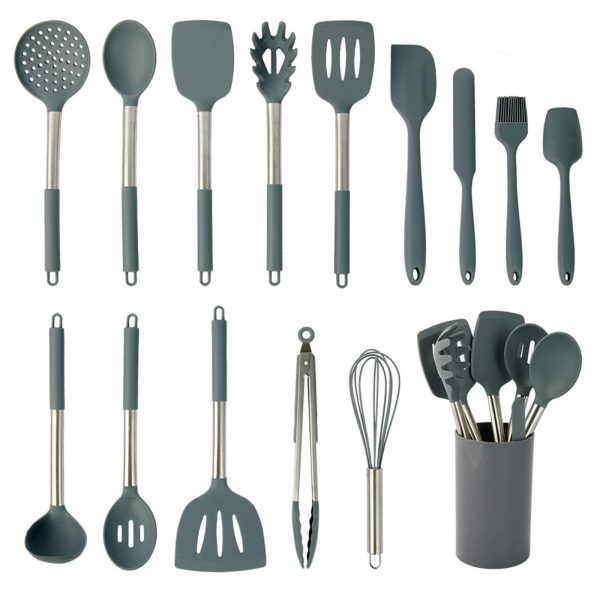 Silicone Cooking Utensil Set, coltd 15 Piece Silicone Utensil Set, Heat Resistant Non-stick Pan Silicone Stainless Steel Handle Without BPA Turner Spatula Spoon Egg Beater Tongs Whisk Cookware (Gray)