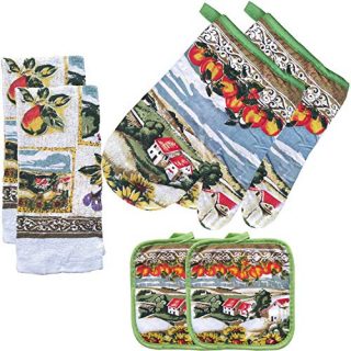 FSTIKO Farmhouse Sunflower Village Themed Kitchen Linen Set Includes Two Oven Mitt, Two Pot Holders and Two Dish Towels for Cooking, Baking, Housewarming Kitchen Decor (Set of 6 Piece)