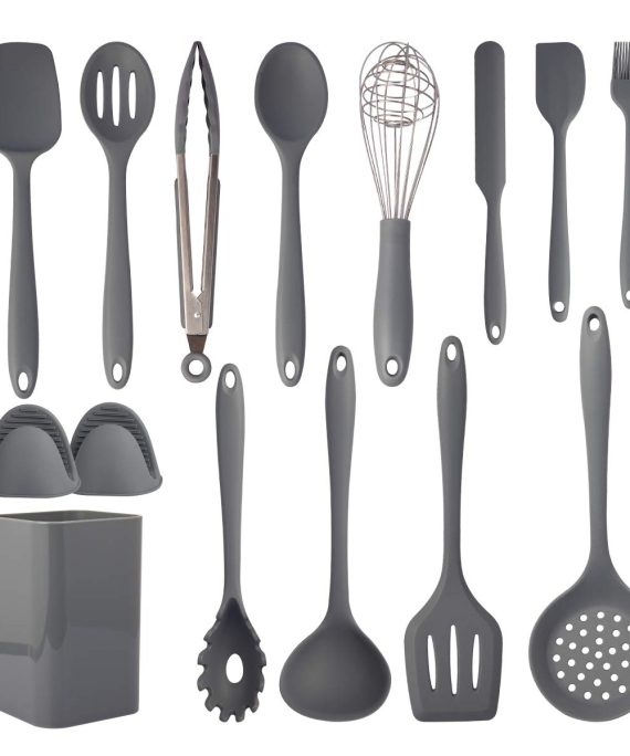 Silicone Cooking Utensils Set, 15pcs Kitchen Utensil Set, Non-stick, High Heat Resistant to 446°F, Kitchen Gadgets Cookware Set of One Piece Design, Kitchen Tools with Holder - Gray (BPA Free)