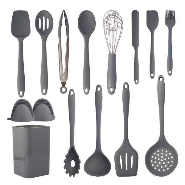Silicone Cooking Utensils Set, 15pcs Kitchen Utensil Set, Non-stick, High Heat Resistant to 446°F, Kitchen Gadgets Cookware Set of One Piece Design, Kitchen Tools with Holder - Gray (BPA Free)
