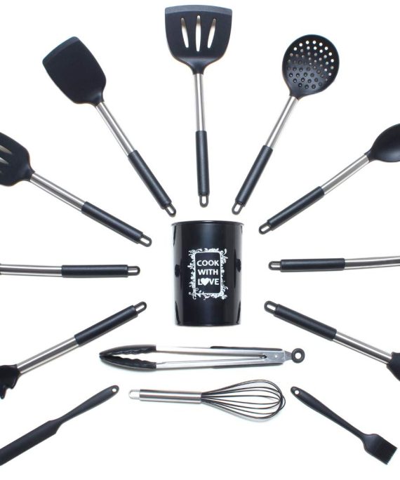 COOK WITH LOVE: 14 Pcs. Silicone Cooking Utensil Set - 446°F, Non-stick, Heat Resistant, Silicone Cookware with Stainless Steel Handle, Kitchen Utensils Set, BPA Free & Non-Toxic