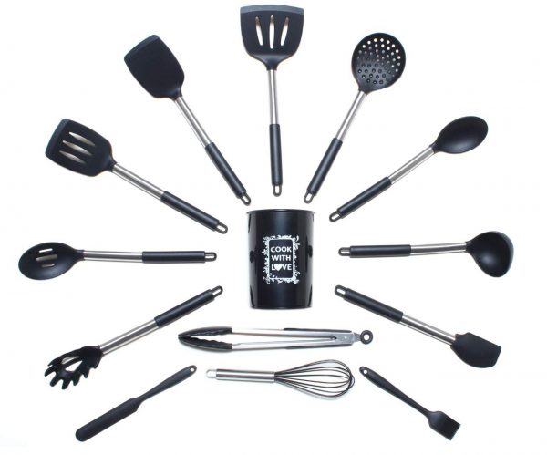 COOK WITH LOVE: 14 Pcs. Silicone Cooking Utensil Set - 446°F, Non-stick, Heat Resistant, Silicone Cookware with Stainless Steel Handle, Kitchen Utensils Set, BPA Free & Non-Toxic