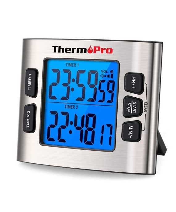 ThermoPro TM02 Digital Kitchen Timer with Dual Countdown Stop Watches Timer/Magnetic Timer Clock with Adjustable Loud Alarm and Backlight LCD Big Digits/ 24 Hour Digital Timer for Kids Teachers
