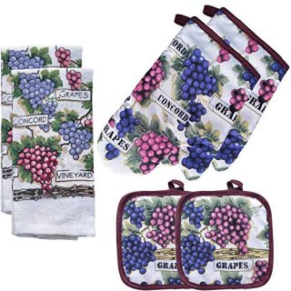 FSTIKO Grape Kitchen Linen Set Includes 2 Oven Mitt, 2 Pot Holders, 2 Kitchen Towels Dishcloths Kitchen Decor for Cooking, Baking, Barbecue（Set of 6 Piece）