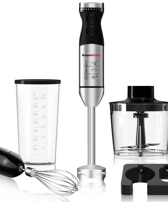 Bonsenkitchen 225W Turbo 9 Speed Immersion Hand Blender Handheld Energy Saving 5-In-1, Stick Blender with Whisk, Chopper/Grinder Bowl, Mearsuring Mug, Wall Storage Attachment, Emulsion Mixer For Smoothies, Purée, Sauce