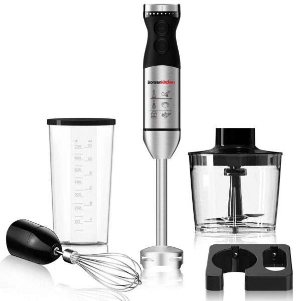 Bonsenkitchen 225W Turbo 9 Speed Immersion Hand Blender Handheld Energy Saving 5-In-1, Stick Blender with Whisk, Chopper/Grinder Bowl, Mearsuring Mug, Wall Storage Attachment, Emulsion Mixer For Smoothies, Purée, Sauce