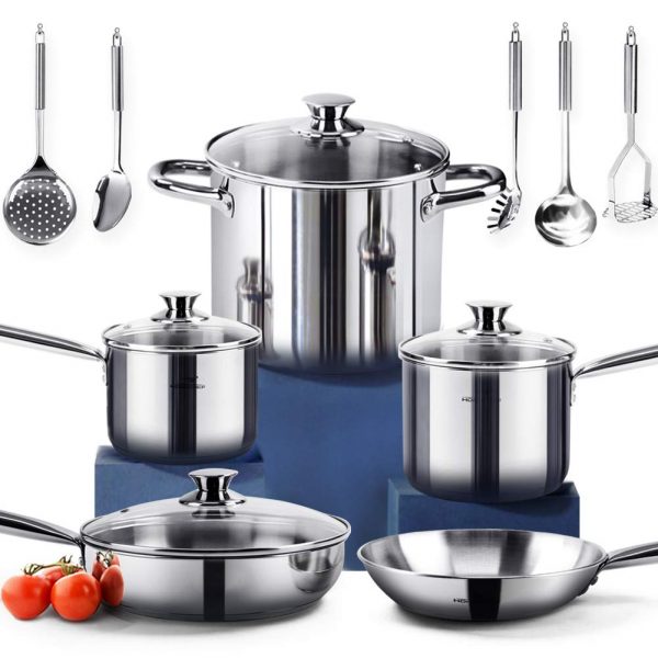 HOMI CHEF 14-Piece Mirror Polished Nickel Free Stainless Steel Cookware Set (No Toxic Non Stick Coating, 1 Frying Pans +1 Saute Pan +1 Stock Pot +2 Sauce Pans +5 Accessories) -Induction Ready Cookware