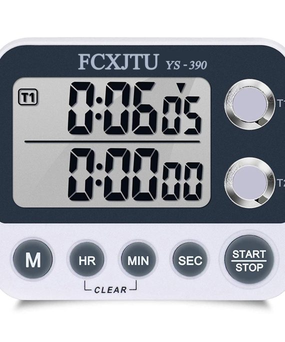 FCXJTU Digital Dual Kitchen Timer, Dual Count UP/Down Timer, Cooking Timer, Stopwatch, Large Display, Adjustable Volume Alarm and Flashing Light with Magnetic Back, Stand, Battery Included (White)