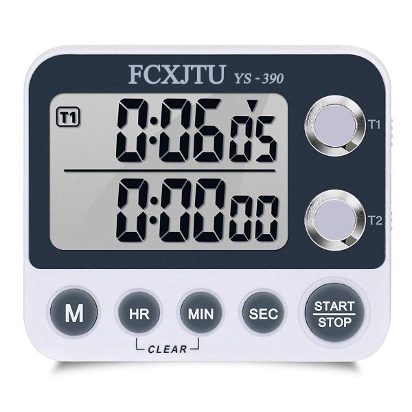 FCXJTU Digital Dual Kitchen Timer, Dual Count UP/Down Timer, Cooking Timer, Stopwatch, Large Display, Adjustable Volume Alarm and Flashing Light with Magnetic Back, Stand, Battery Included (White)