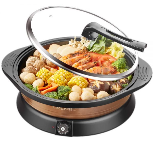 LIVEN Household Fast Heating Multi-function Electric Cooker, Electric frying pan, Electric hot pot, Electric baking pan, Non-stick coating surface, Glass cover, Multi-function electric hot pot.
