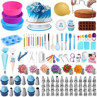 Cake Decorating Tools,OCOOKO 340 Pcs Cake Decorating Kit with Silicone Cake Pans,Cake Rotating Turntable,48 Piping Icing Tips,7 Russian Nozzles,Muffin Cup Mold,Cake Baking Tools for Cake Lovers