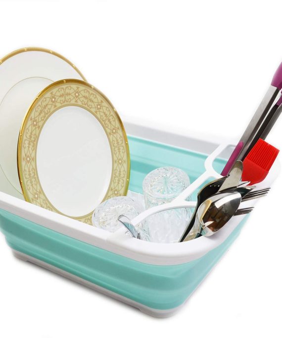 SAMMART Collapsible Dish Drainer with Tray - Foldable Drying Rack - Portable Dinnerware Organizer - Space Saving Kitchen Storage Tray (1, White/Lake Green)