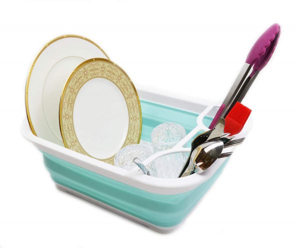SAMMART Collapsible Dish Drainer with Tray - Foldable Drying Rack - Portable Dinnerware Organizer - Space Saving Kitchen Storage Tray (1, White/Lake Green)