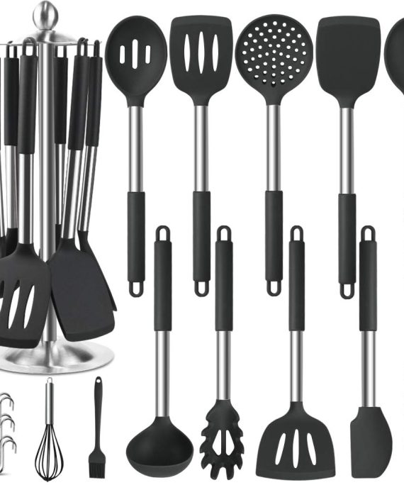 Silicone Kitchen Cooking Utensil Set, EAGMAK 14PCS Stainless Steel Silicone Kitchen Utensils Spatula Set with Stand for Nonstick Cookware, BPA Free Non-Toxic Silicone Cooking Utensils (Black)