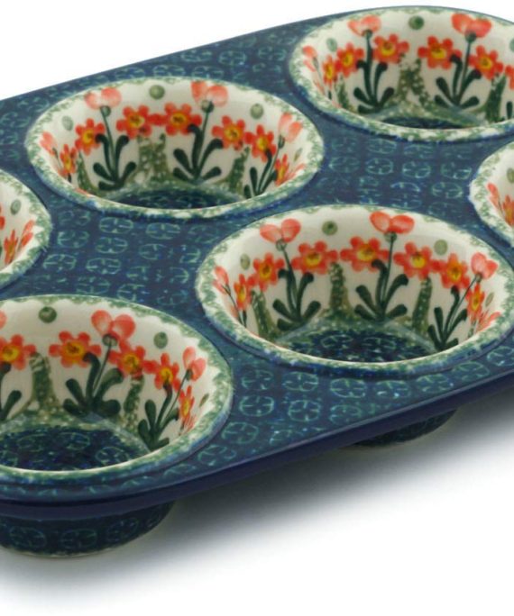 Polish Pottery 11½-inch Muffin Pan made by Ceramika Artystyczna (Peach Spring Daisy Theme) + Certificate of Authenticity