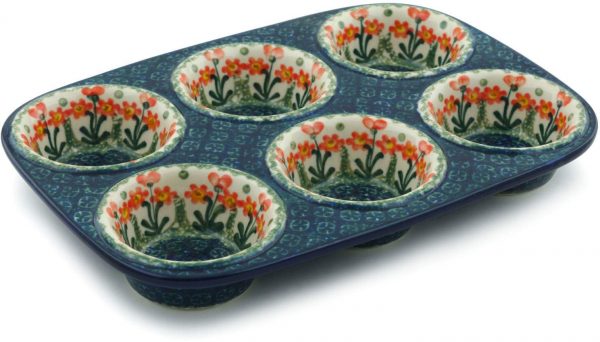 Polish Pottery 11½-inch Muffin Pan made by Ceramika Artystyczna (Peach Spring Daisy Theme) + Certificate of Authenticity