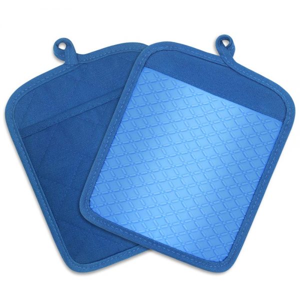 FWIEXA Kitchen Pocket Pot Holders (Set of 2), Heat Resistance Silicone and Cotton Potholders, Non Slip Kitchen Hot Pad for Cooking and Baking, Multifunctional Kitchen Oven Mitts (Blue)