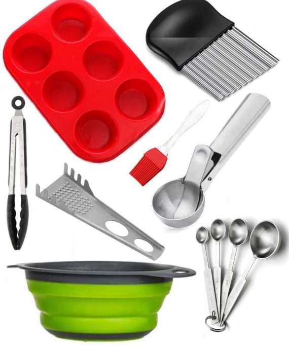 8 Pieces Cool Cooking Gadgets Accessories Set, Silicon Collapsible Strainer, Brush, Kitchen Tongs, Muffin Pan, Falafel Meatball Scoop, Crinkle Cutter, Measuring Spoons, Pasta Fork