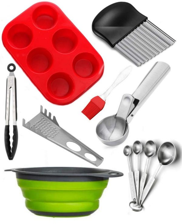 8 Pieces Cool Cooking Gadgets Accessories Set, Silicon Collapsible Strainer, Brush, Kitchen Tongs, Muffin Pan, Falafel Meatball Scoop, Crinkle Cutter, Measuring Spoons, Pasta Fork