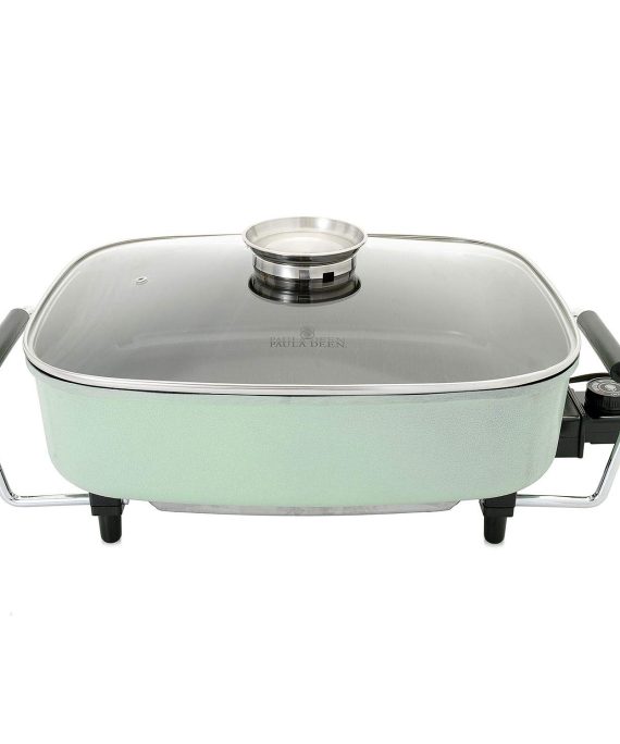 Paula Deen 15-inch (1400 Watt) Large Electric Skillet with Glass, Basting Lid; Easily Saute, Sear, Cook Casseroles, Brown Meats, Simple Temperature Dial with Keep Warm Feature, Wipe Clean Ceramic Coating (Mint)