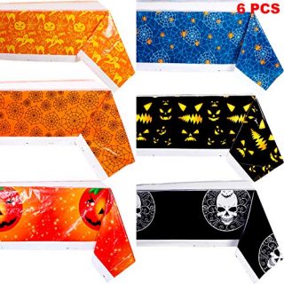 6 Pieces Halloween Table Cover Halloween Plastic Tablecloth Pumpkin Cobweb Spider Pattern Table Cover for Halloween Party Decoration Supplies (Spiderweb, Pumpkin, Ghost, Skull Design)