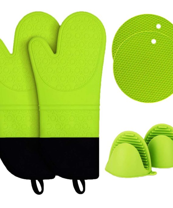 Oven Mitts and Pot Holders Sets,Haomacro Silicone Oven Mitts Heat Resistant 500°F Hot Pads Pinch Mitts with Mini Oven Mitts Food Safe Cooking Baking Gloves Kitchen with Soft Inner Lining Green 6 pack