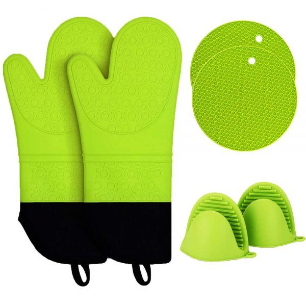 Oven Mitts and Pot Holders Sets,Haomacro Silicone Oven Mitts Heat Resistant 500°F Hot Pads Pinch Mitts with Mini Oven Mitts Food Safe Cooking Baking Gloves Kitchen with Soft Inner Lining Green 6 pack