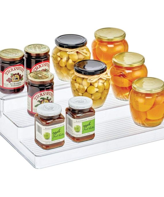 mDesign Plastic Kitchen Spice Bottle Rack Holder, Food Storage Organizer for Cabinet, Cupboard, Pantry, Shelf - Holds Spices, Mason Jars, Baking Supplies, Canned Food - 3 Level Storage - Clear