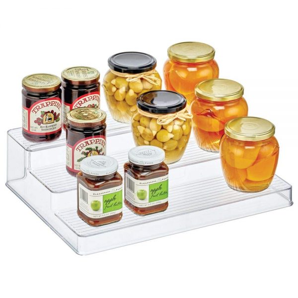 mDesign Plastic Kitchen Spice Bottle Rack Holder, Food Storage Organizer for Cabinet, Cupboard, Pantry, Shelf - Holds Spices, Mason Jars, Baking Supplies, Canned Food - 3 Level Storage - Clear