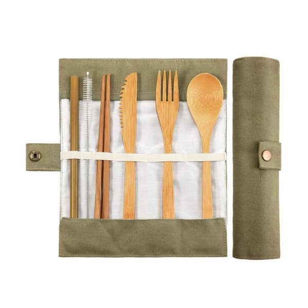MIS1950s Portable Reusable Bamboo Cutlery Home Travel Eco-Friendly Fork Spoon Flatware Set of 7 (Green)