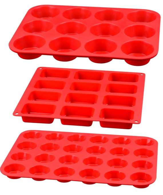 Silicone Muffin Pan - Silicone Molds Including Mini 24 Cups, Regular 12 Cups Muffin Pan & 12 Cavities Mini Loaf Pan 100% Food Grade Silicone, 3-in-1 Set for Egg Muffin, Cupcakes, Brownies, Fat Bombs