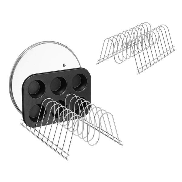 Homics Pot Lid Organizer Plate Drying Rack Holder, Stainless Steel Kitchen Storage Organizer for Dish, Cutting Boards, Bakeware, Pots & Pans and Serving Trays, Set of 2