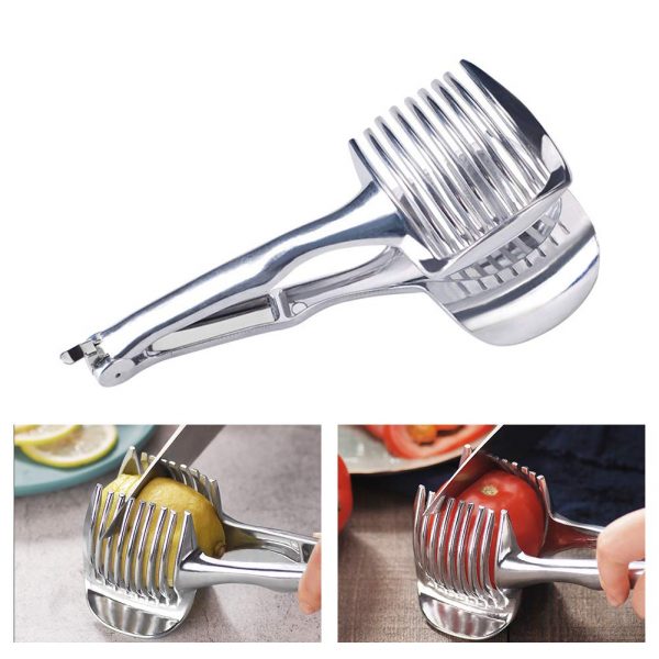 Konren Tomato Slicer Lemon Cutter, Handheld Round Fruit Tongs Stainless Steel Onion Holder Easy Slicing Kiwi Fruits & Vegetable Tools Kitchen Cutting Aid Gadgets Tool