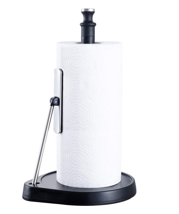 Lucalda Single Tear Paper Towel Holder Countertop, Stainless Steel Roll Dispenser Stand for Kitchen Countertop & Bathroom Paper Towel Rack Easy to Tear with Weighted Base and Tension Arm, Black