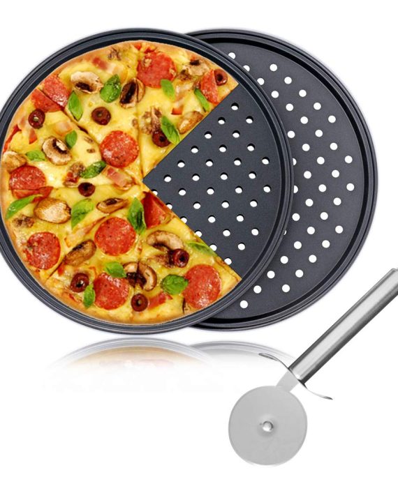 Pizza Baking Set, 12" Serving Plate Pizza Tray Tin, Oven Grill Rack Non Stick Trays, 2 Pack Pizza Crisper Tray and 1 Pack Pizza Cutter Wheel