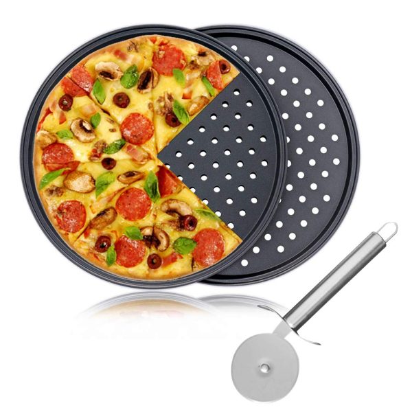 Pizza Baking Set, 12" Serving Plate Pizza Tray Tin, Oven Grill Rack Non Stick Trays, 2 Pack Pizza Crisper Tray and 1 Pack Pizza Cutter Wheel