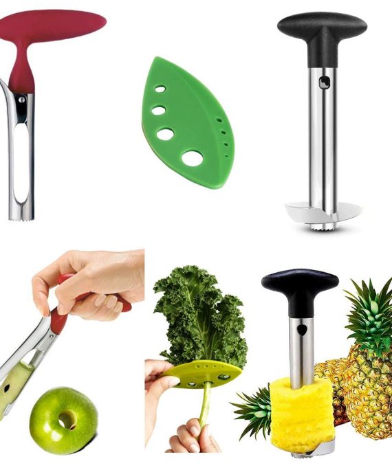 Apple Corer + Pineapple Tool + Herb Kale Stripper- Lever Tool by BRIGHT KITCHEN Stainless Steel Pear Fruit Seed Remover Cherry Red Grip with Serrated Blade (Apple + Pineapple + Herb)