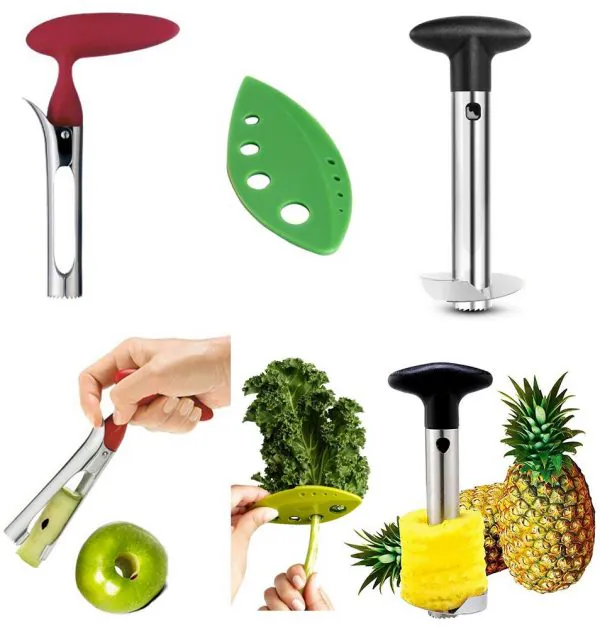 Apple Corer + Pineapple Tool + Herb Kale Stripper- Lever Tool by BRIGHT KITCHEN Stainless Steel Pear Fruit Seed Remover Cherry Red Grip with Serrated Blade (Apple + Pineapple + Herb)