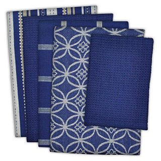 DII Cotton Oversized Kitchen Dish Towels 18 x 28" and Dishcloth 13 x 13", Set of 5 , Absorbent Washing Drying Dishtowels for Everyday Cooking and Baking-Nautical Blue