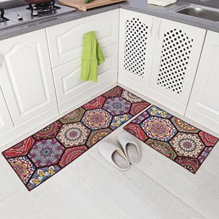 Carvapet 2 Piece Non-Slip Kitchen Mat Runner Rug Set Doormat Vintage Design Boho Style,Hexagon (15"x47"+15"x23")