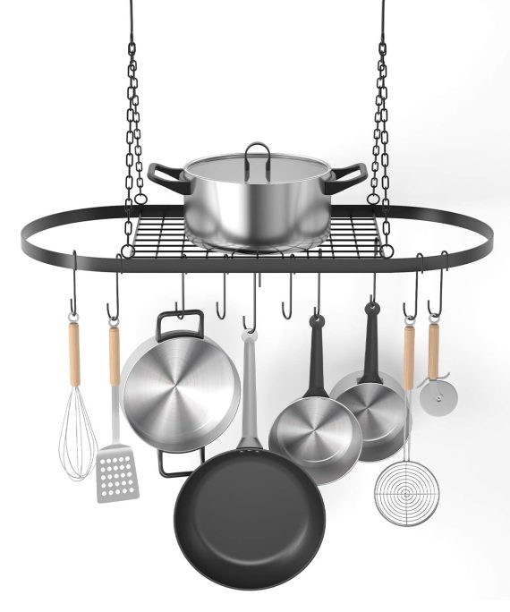 X Home Pot and Pan Rack for Ceiling with Hooks, Decorative Oval Mounted Storage Rack, Multi-Purpose Hanging Hanger Organizer for Home, Restaurant, Kitchen Cookware, Utensils, Books, 32" X 16.5"
