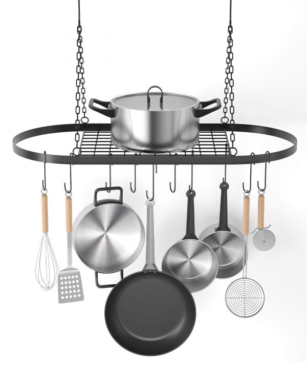 X Home Pot and Pan Rack for Ceiling with Hooks, Decorative Oval Mounted Storage Rack, Multi-Purpose Hanging Hanger Organizer for Home, Restaurant, Kitchen Cookware, Utensils, Books, 32" X 16.5"