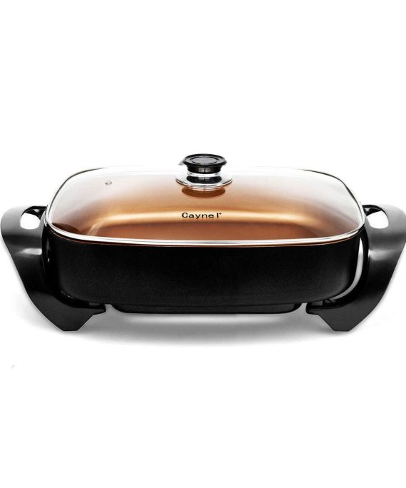 Caynel Professional Non-stick Copper Electric Skillet Jumbo, Deep Dish with Tempered Glass Vented Lid, Upgrade Thermostat, 16”x 12”x 3.15”- 8 quart, Copper (Copper)