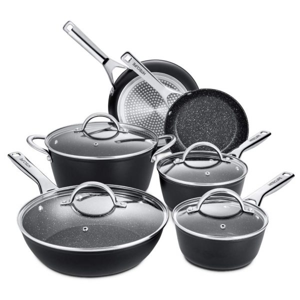 HITECLIFE Cookware Set 10 pieces, Forged Aluminum Nonstick Pots and Pans, Chemical-Free Kitchen Sets, Saucepan, Frying Pan, Skillet, Saute Pan, Stock Pot for Induction, Oven & Dishwasher Safe, Black