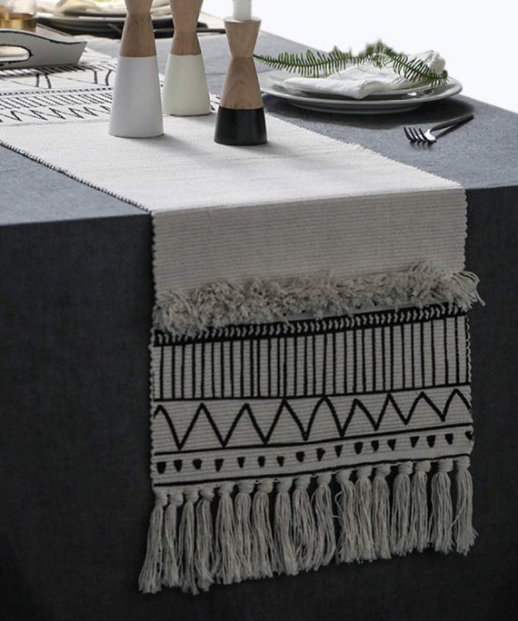 KIMODE Moroccan Fringe Table Runner 14 X 87 in, Bohemian Geometric Farmhouse Cotton Fabric Handmade Woven Tufted Tassels Table Linen Machine Washable Minimalist Home Decorative, Black and White