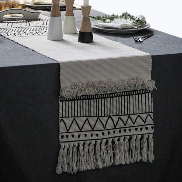 KIMODE Moroccan Fringe Table Runner 14 X 87 in, Bohemian Geometric Farmhouse Cotton Fabric Handmade Woven Tufted Tassels Table Linen Machine Washable Minimalist Home Decorative, Black and White