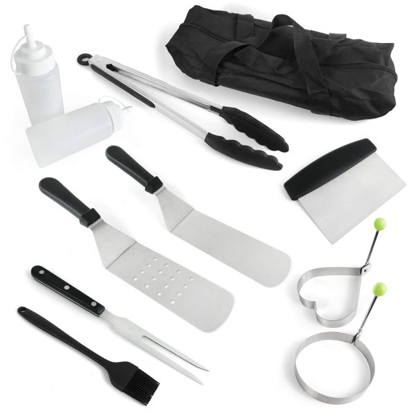 Barbecue Tool Sets Flat Top Tools Grill Kit Griddle Accessories Kitchen Tools for BBQ, Teppanyaki, Camping, Picnic, including Scraper, Spatula, Fork, Tongs, Brush, Egg rings, Bottles (Set of 11 Pcs)